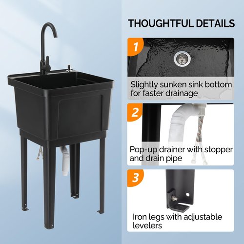 ROVSUN 21-Gallon Plastic Utility Sink, Freestanding Sink with Hot&Cold Faucet, Soap Dispenser, Drain Plug and Iron Legs, Perfect for Laundry Room, Garage, Black 19.7L"×18.9W"×33.1H"