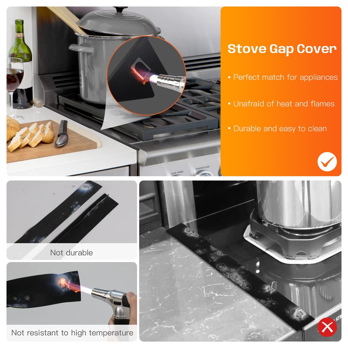 Stainless Steel Stove Gap Covers,Stove Gap Filler, Range Trim Kit, Stove Gap Guards, Heat Resistant and Easy to Clean, Easy retractable Length 13.8" to 27.5", Width 0.79",Black(2PCS)