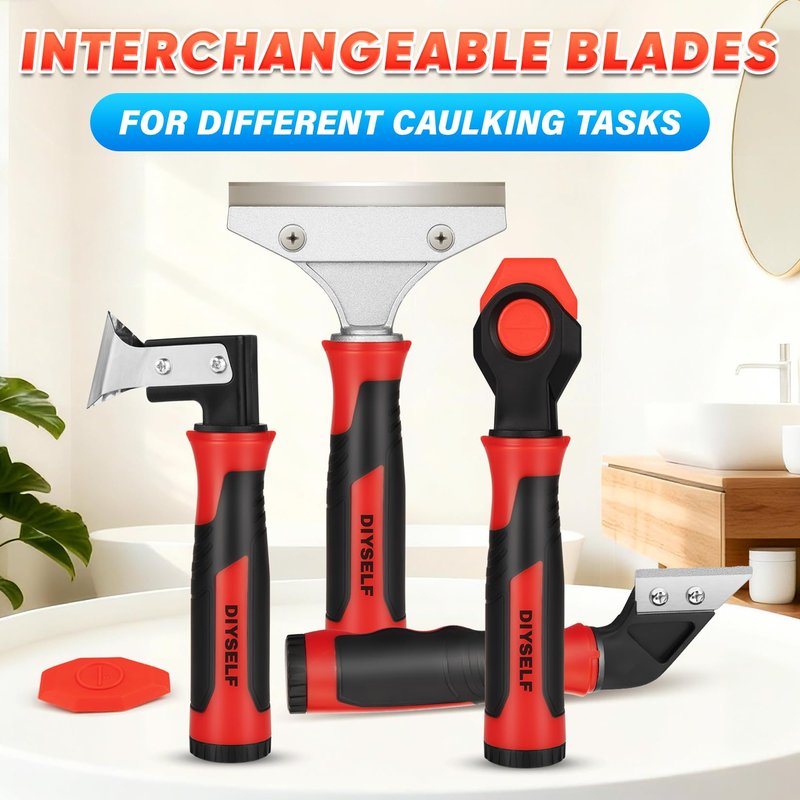DIYSELF Caulking Tool, 4 in 1 Caulk Remover Tool for Bathroom, Bathtub, Grout, Shower, Tile, Window, Razor Scraper Tool for Cleaning, Silicone Caulk Removal Tool (Red)