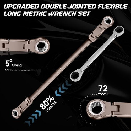DISEN Upgraded Double Jointed Extra Long Flex Head Ratchet Wrench Set, 6 PCS Metric 8-19mm Box End Ratcheting Wrench set with Magnetic Pickup Tool, 72-Teeth, Cr-V Steel,12 Point, Grey Nickel