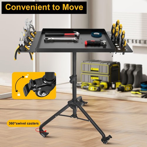 Rolling Tool Tray Cart, Mobile Work Table Tool Tray with 2 Tool Holder Metal Tattoo Tray Height Adjustable, Tool Table Rolling Utility Cart, Tray Cart Tool Storage for Salon Garage Bike Work Shop