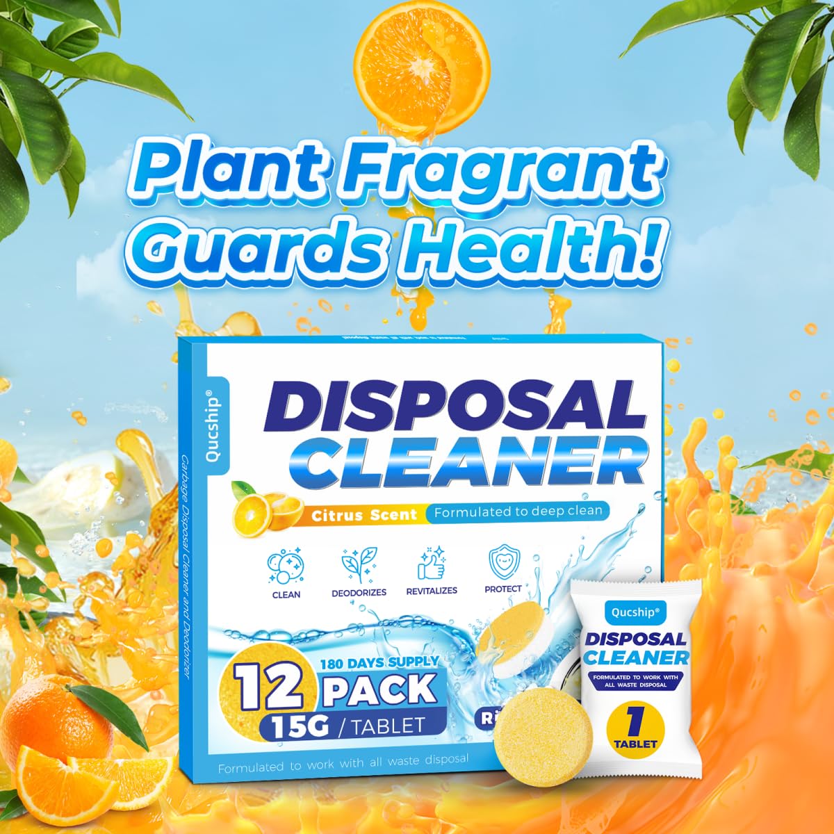 Qucship Garbage Disposal Cleaner Tablets - 12 Pack, XXL Foaming Disposal Cleaner - Powerful Deep Cleaning & Grease Remover, Septic Safe Kitchen Sink Drain Care for Maintenance