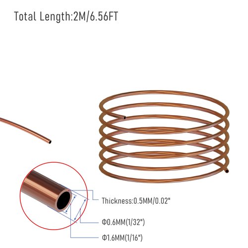 Skweawert Copper Pipe Soft Coil Copper Tubing ID×OD×Length:0.6×1.6×2000mm(1/32"×1/16"×6.56Ft) T2 Refrigeration Cuprum Tubing for Air Conditioners, Refrigerator, DIY Projects