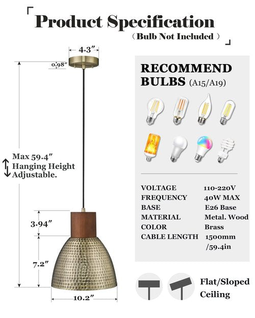 ELYONA Vintage Hammered Pendant Light Fixtures, 10.2” Industrial Metal Hanging Bar Lamp, Solid Wood Antique Gold Adjustable Pendant Light for Kitchen Island, Farmhouse, Dining Room, Brushed Brass