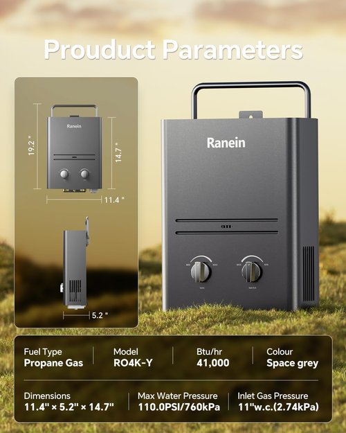 Ranein 1.58 GPM Portable Water Heater, Outdoor Tankless Water Heater Instant Gas Propane Hot Water Heater with Handle for RV Camping Trips Cabins Barns