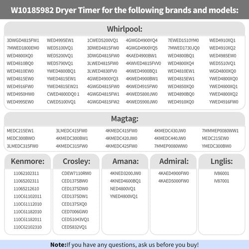 W10185982 Dryer Timer, Replacement WPW10185982, 418-618-20-b5, Compatible with Whirlpool Maytag Kenmore WED4800XQ0, 7MWED1800EM0, 3DWGD4815FW1 MEDC215EW, CDEW7110RW0 Timer etc. OEM - 2 Year Warranty