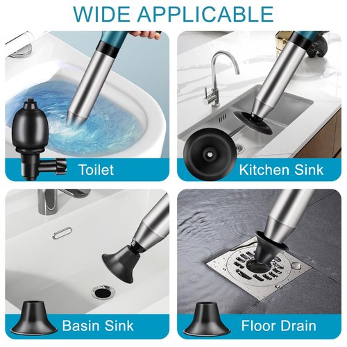 Toilet Plunger Drain Clog Remover: High Pressure Air Drain Blaster Gun Drain Clog Remover Tool- Stainless Steel Air Plunger for Bathroom, Sink, Floor, Kitchen Clogged
