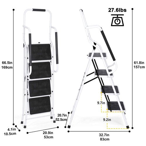Wiberwi 4 Step Ladder with Handrails 500 lb Capacity Step Stool Folding Portable Ladders for Home Kitchen Steel Frame with Non-Slip Wide Pedal Stepladder with Attachable Tool Bag White