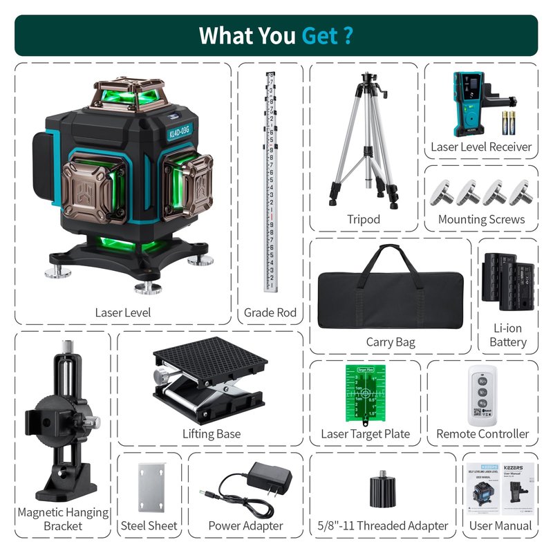 KEZERS Laser Level Set with Receiver,4 x360 Self Leveling Laser Level with Tripod and Grade Rod for Construction,Home Renovation,Hanging Pictures,2 Batteries,Remote Control,Touch Screen