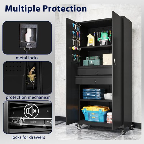 JFHID 71" Metal Garage Storage Cabinet with Drawers and Wheels Rolling Tool Chest Cabinet with Pegboards, Lockable Storage Cabinets with Adjustable Shelves for Warehouse,Workshop,Garage, Basement