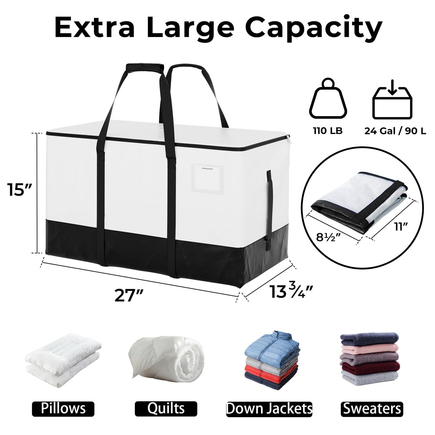 StorageWorks 6 Pack Extra Large Moving Bags, Heavy Duty Storage Packing Tote for Clothes, Alternative to Moving Boxes, Collapsible Moving Supplies with Reinforced Handles, White and Black
