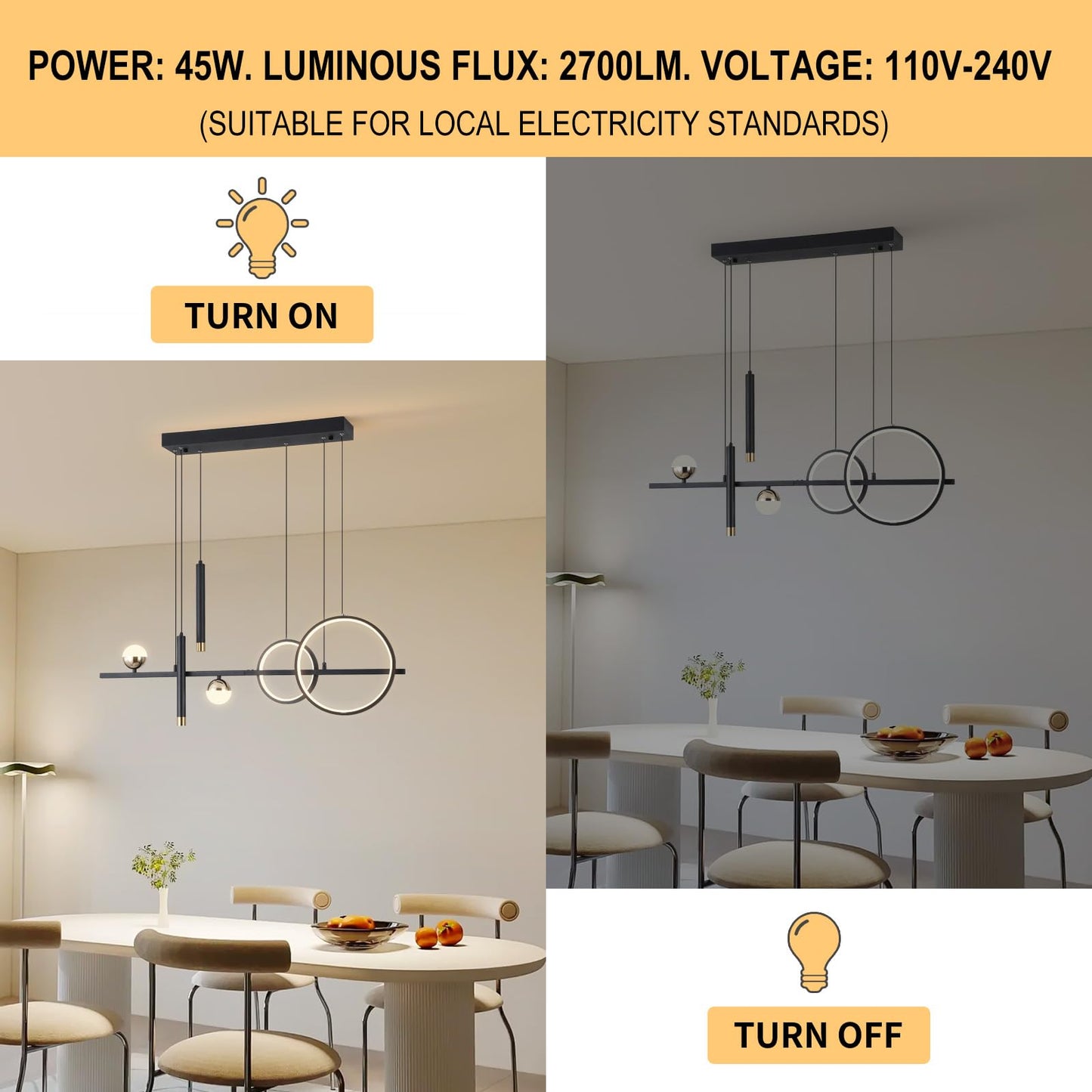 ORANOOR Modern LED Pendant Lights, Dimmable 39in Linear Wave LED Chandelier Lighting, Black & Gold Dining Room Hanging Light Fixtures Kitchen Island Globe Pendant Light for Dining Table (2704lm)