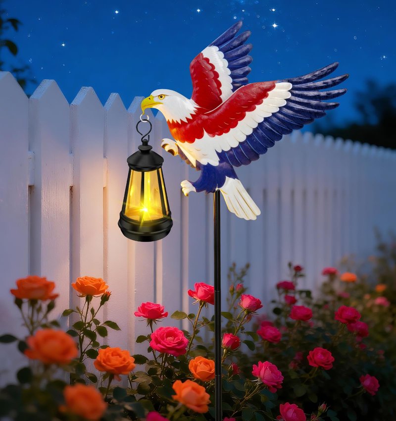 4th of July Decorations Outdoor Solar Lights, Solar Eagle Garden Lights with Lantern, Patriotic Eagle Stake Light for Yard Lawn Garden Patio, USA 250th Anniversary Decor for Memorial Day Veterans Day