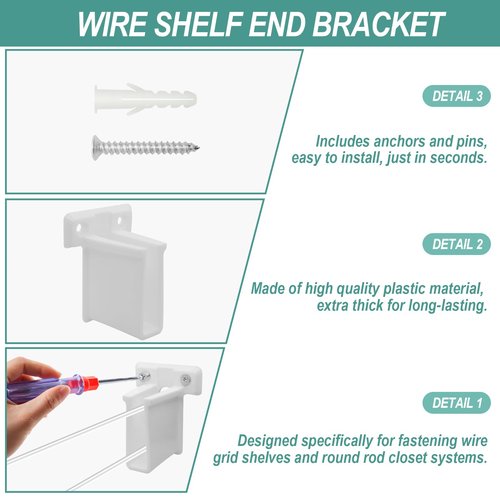 Chaokant 4 Pack Wire Shelf End Bracket - Heavy Duty Closet Shelf Brackets, White Plastic Closet Rod & Wall Shelf Supports with Screws, Suitable for Mesh Shelving