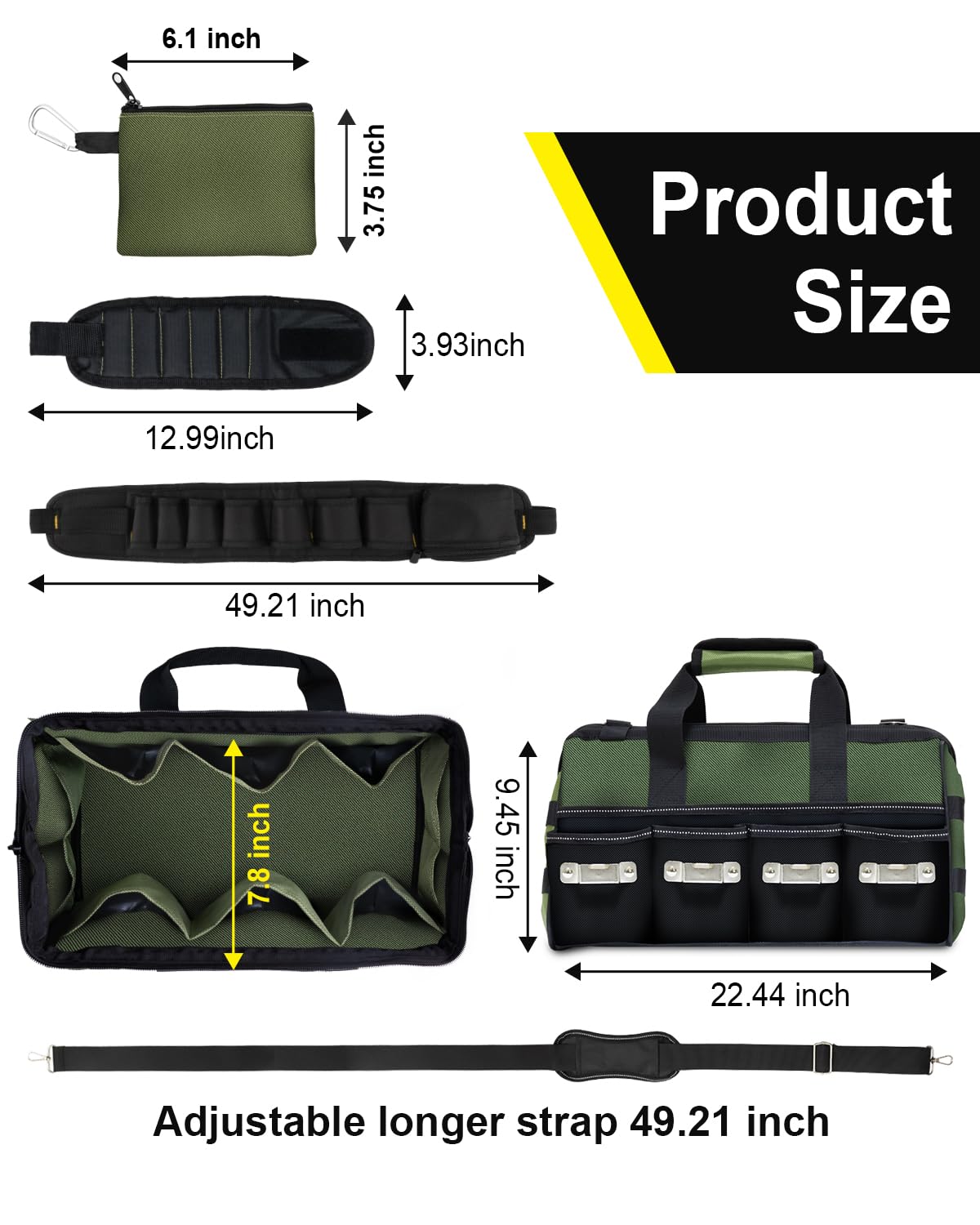 KUMDIYIT 22 Inch Heavy Duty Tool Bag-48 Pockets,1680D Tear&Abrasion Resistant,Includes Tool Pouch,Tool Belt,Magnetic Wristband&Adjustable Shoulder Strap | Tool Organizer(Green)