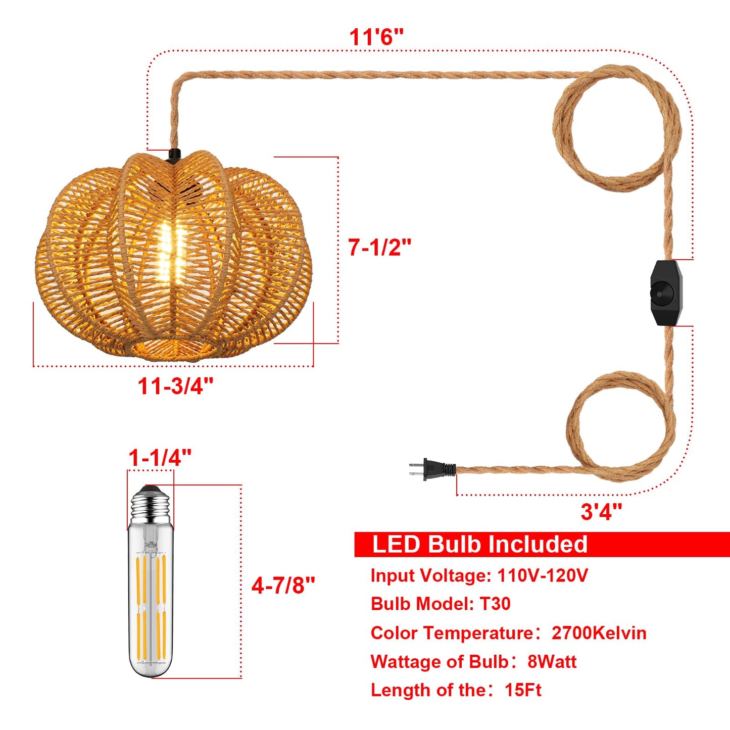 tebio Plug in Pendant Light Rattan Hanging Lights with Plug in Cord 15FT Hemp Rope Cord, Dimmable Switch – Indoor Hanging Lamps for Boho Living Room Bedroom(Bulb Included) 11 x 7 inch