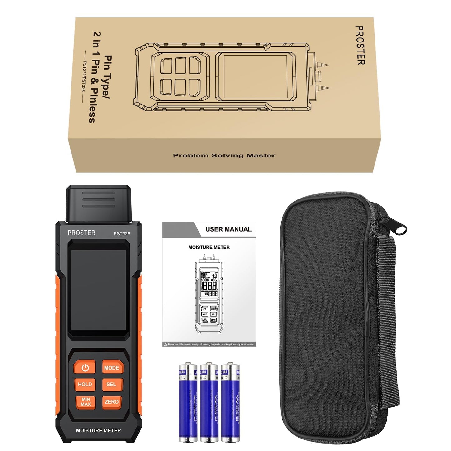Proster Moisture Meter 2 in 1 Pin & Pinless Moisture Tester Digital LCD Display Dampness Detector for Wood Drywall Masonry Building Materials, Water Leak Detector for Home Inspection, DIY Woodworking