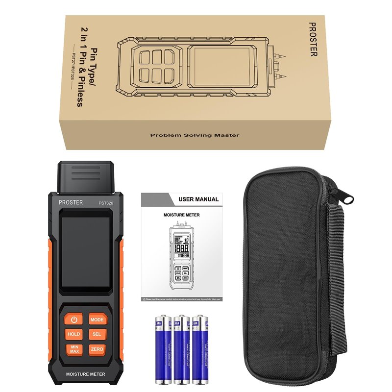 Proster Moisture Meter 2 in 1 Pin & Pinless Moisture Tester Digital LCD Display Dampness Detector for Wood Drywall Masonry Building Materials, Water Leak Detector for Home Inspection, DIY Woodworking