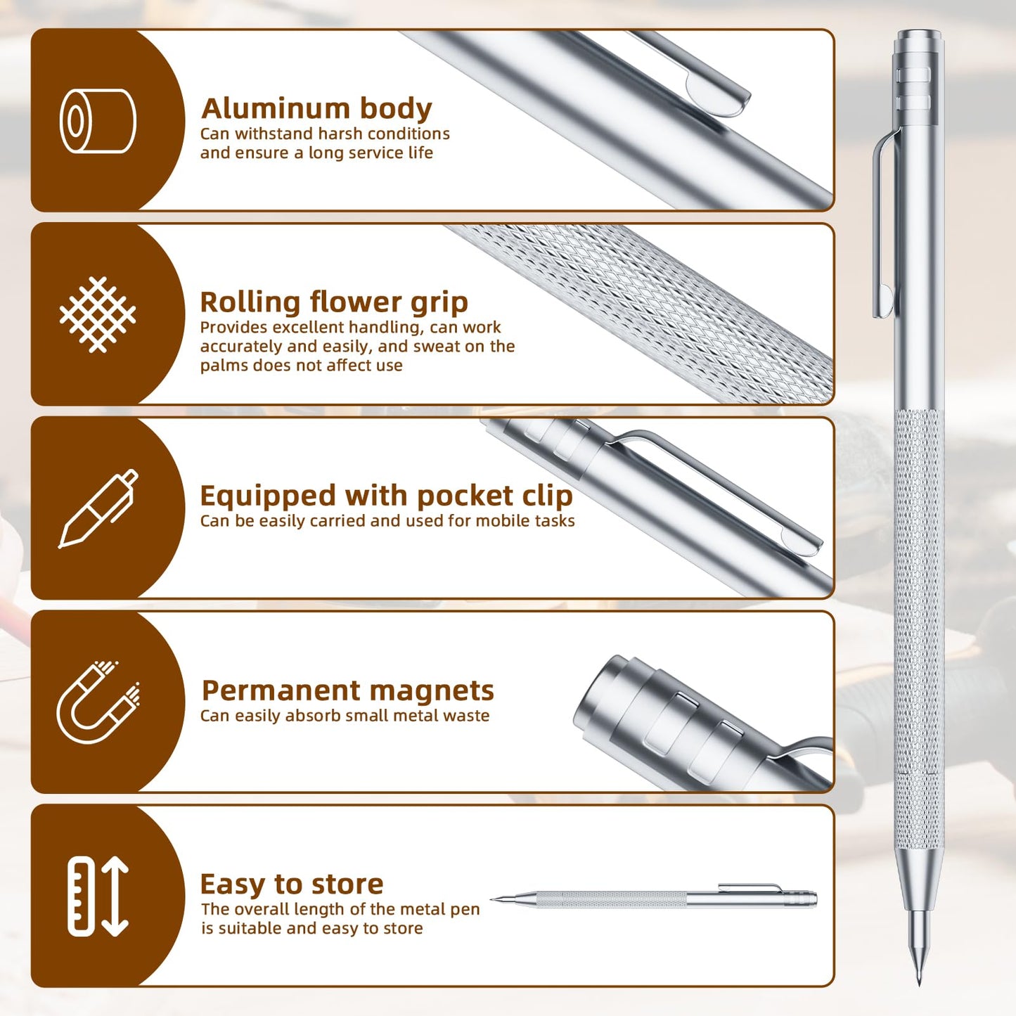 GCHMDE 5-Pack Tungsten Carbide Scriber, Metal Scribe Tool with 25 Replacement Marking Tips & Steel Ruler - Knurled Aluminum Handle & Magnet, Engraving Pen for Glass/Ceramics/Metal Sheet (5)