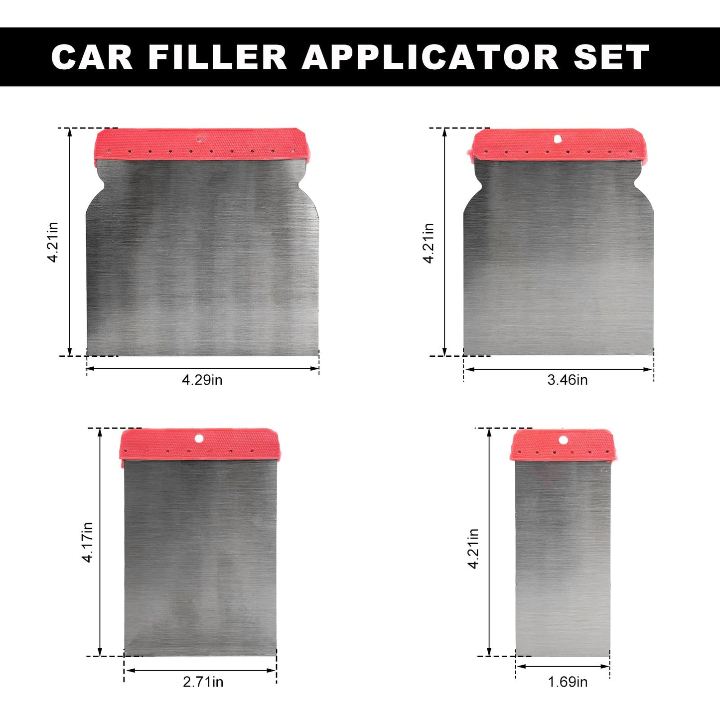 FSTURIOS 4PCS Body Filler Applicator Set, 4 Sizes Auto Paint Spreader Assortment with Metal Blade, Multipurpose Car Putty Knife Precision Hand Tool for Applying Body Filler Glaze