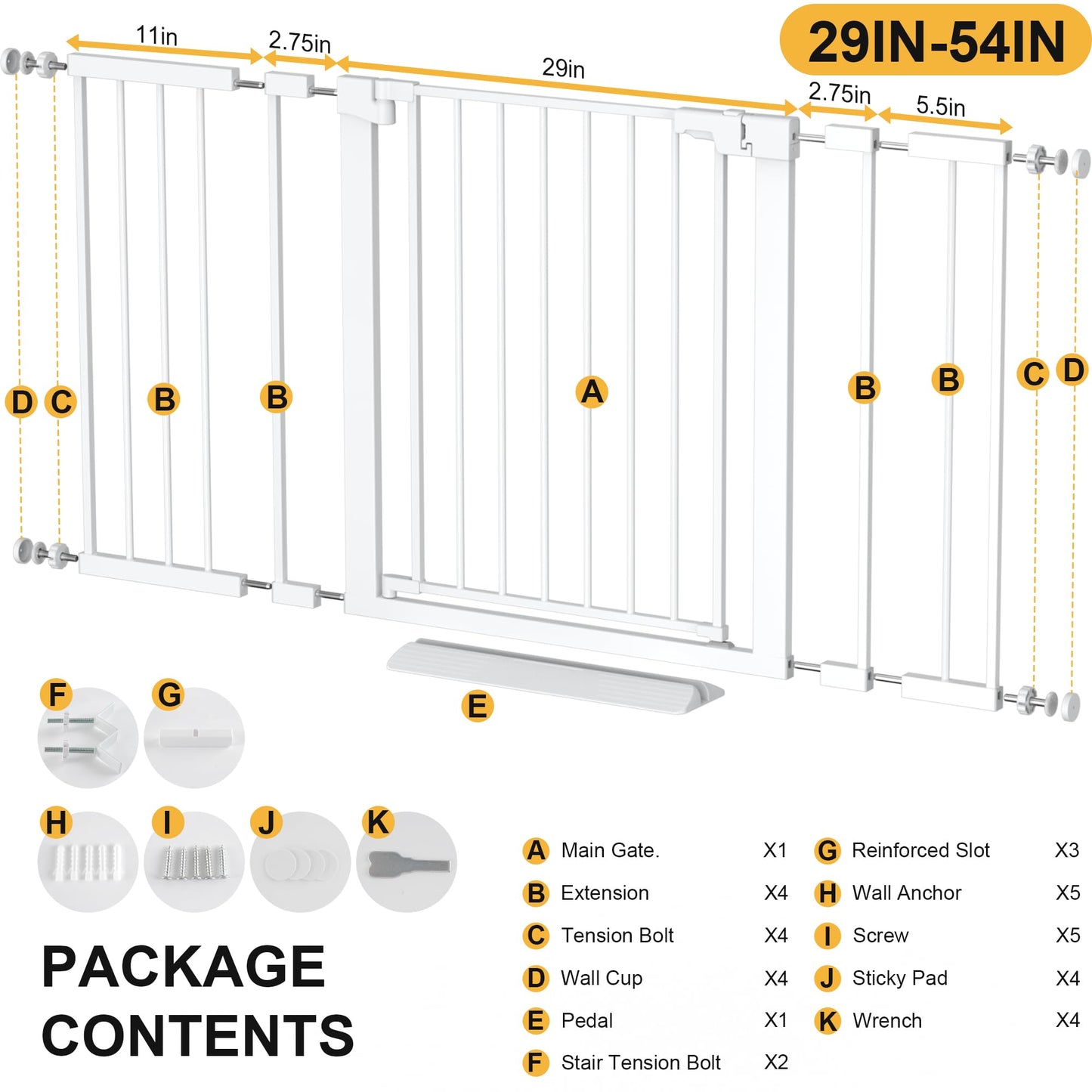 Colbabe 29-54 inches Extra Wide Metal Baby Gate for Stairs/Doorways, 30 inches Tall Pressure Mounted Pet Gates, Auto-Close Child Safety Gate, No Drilling Easy Walk-Through Dog Gate Indoor, White