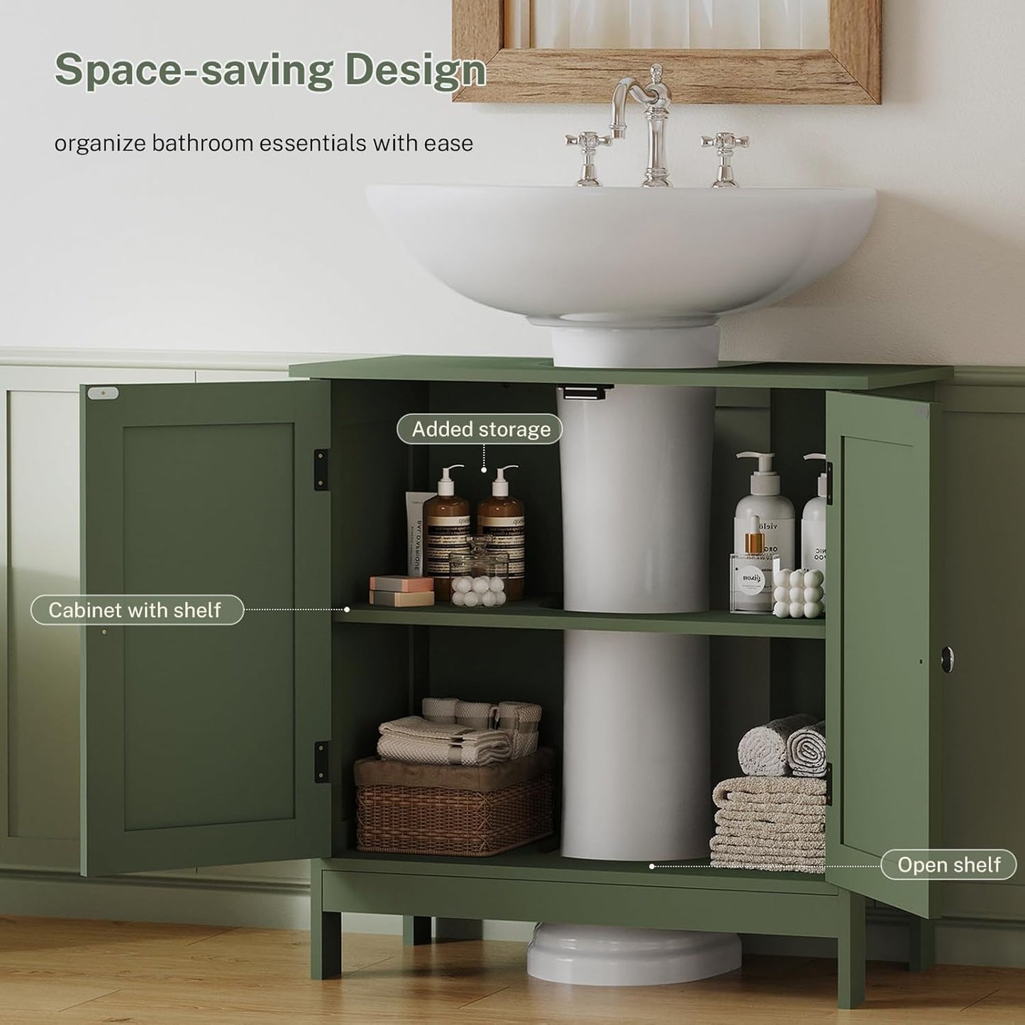 Pedestal Sink Storage Cabinet, Under Sink Cabinet with 2 Doors & Storage Shelf, Under Bathroom Organizer for Bathroom, Forest Green