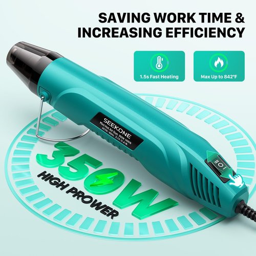 SEEKONE 350W Mini Heat Gun, Dual-Temp Model 500℉ & 842℉(260℃ & 450℃)Fast Heat Hot Air Gun with Overheat Protection and Reflector Nozzle for Heat Shrinking Tubes, Shaping, PVC Tubing(4.9FT)