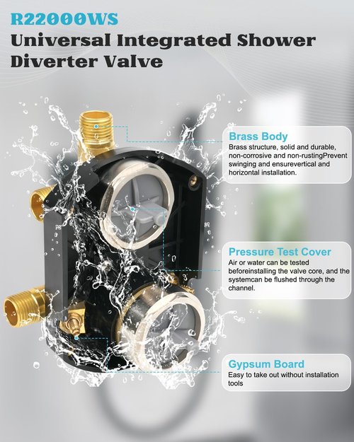 R22000-WS Integrated Shower and Diverter Valve with 3-Setting or 6-Setting Integrated Diverter Trim Kit, R22000-WS Multichoice Universal Rough in Valve, Screwdriver Stops Included, Brass Body