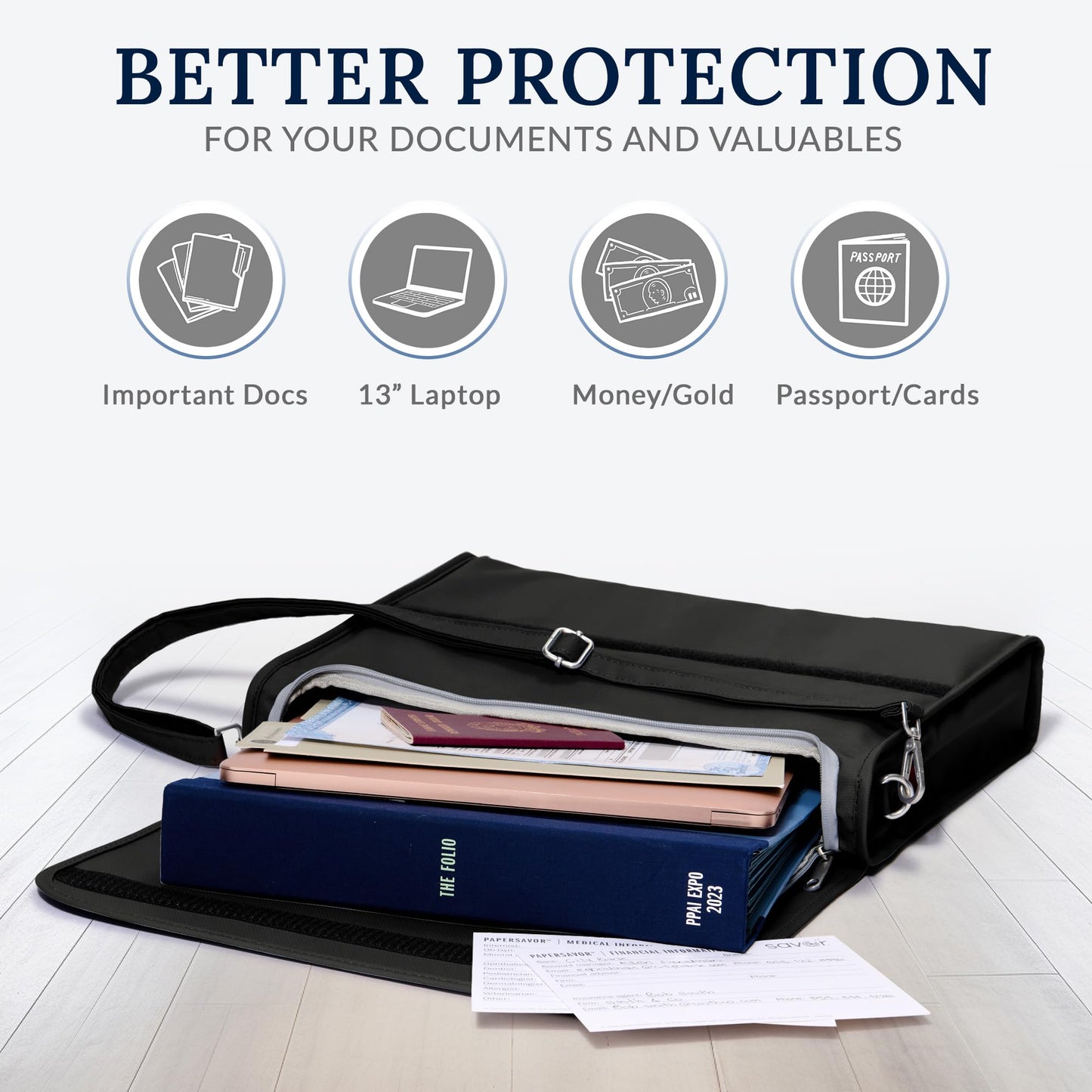 The PaperSavor ™ Fireproof Document Bag - Waterproof & Flame Retardant Bag for Documents, Cash, & Essentials - Stylish with Wide Strap, Secure Closure, Interior Organization - Large, Black