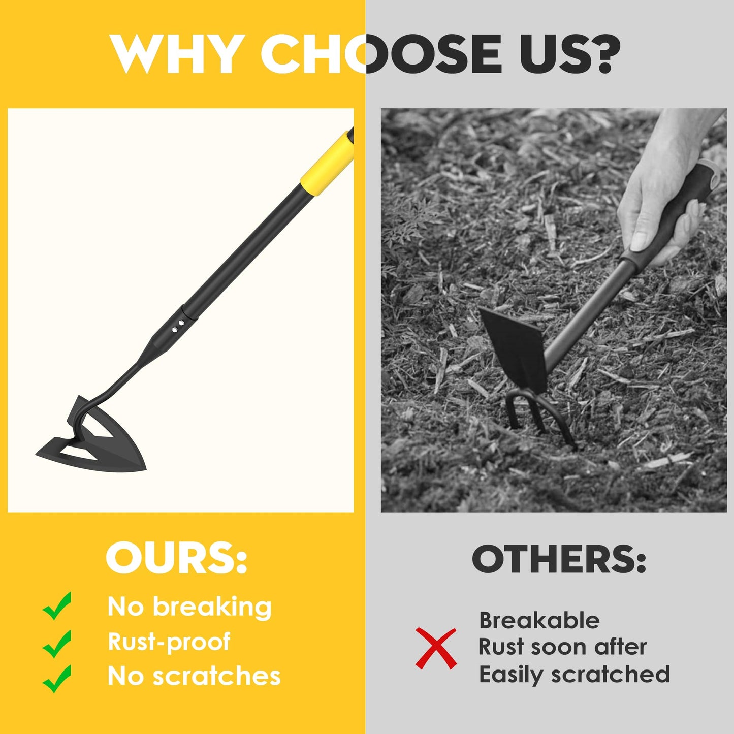 DwelSpire Hoe Garden Tools, Metal Heavy-Duty Triangular Garden Hoe for Easier Weeding and Digging, 41.3-55.5 Inch Adjustable Long Handle, Black