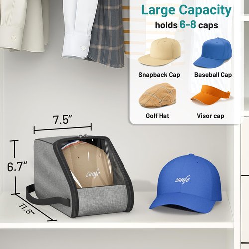 SLEEPING LAMB Hat Storage for Baseball Caps with Clear PVC Window, Hat Travel Case with Adjustable Shoulder Strap, Holds 6-8 Caps Organizer Box for Closet Storage, Grey