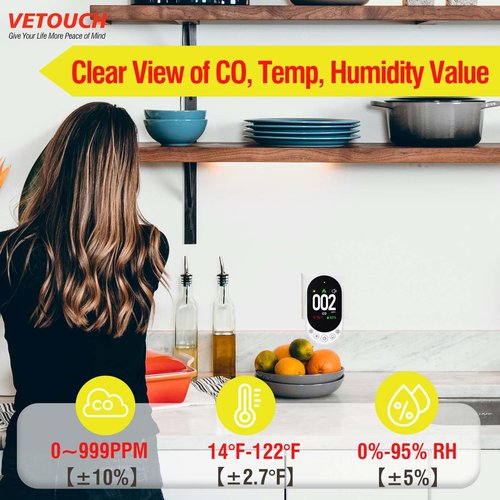 VETOUCH Carbon Monoxide Detector Plug in, Carbon Monoxide Detector Plug in Wall with Temp Humidity, Alarm Function with Clear LCD Display CO Detector for Home Kitchen RV Travel, 1 Pack