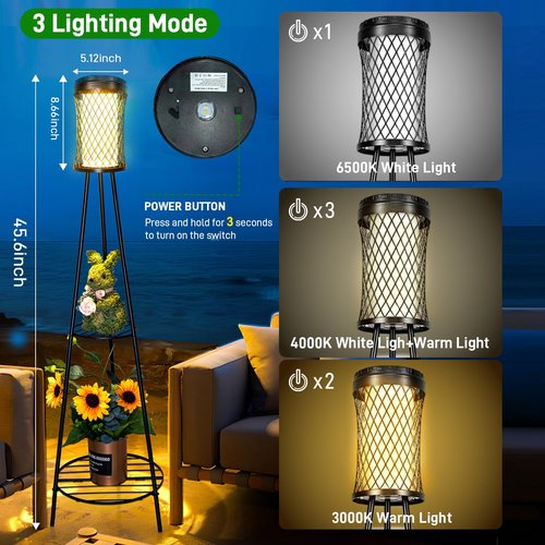 Solar Floor Lamp with Plant Stand - 2 Pack Waterproof Outdoor Lights for Garden, Pathway, Patio - Solar Powered Metal Stake Lanterns for Yard, Porch, Balcony, Backyard (Warm White)