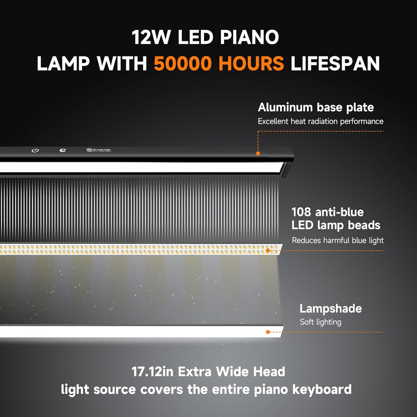 DUDUDU 17" Dimmable LED Piano Light, 2-in-1 Clamp Base Piano Lamp Flexible Gooseneck with 3 Colors Modes, Adjustable Height & Direction for Grand/Upright/Digital Pianos, Sheet Music & Studio Lighting