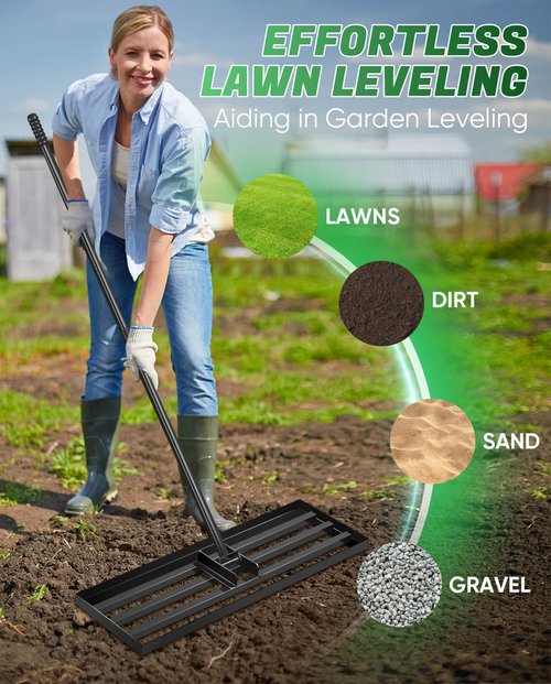 Saker Lawn Leveling Rake 30x10 Inch, 73-Inch Heavy Duty Lawn Leveler Tool with Stainless Steel Handle for Lawns, Backyard, Garden, Golf Course, Farm - Black