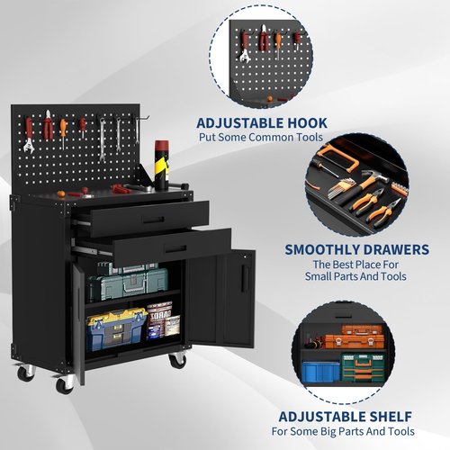 EcoSummer Heavy Duty Steel Rolling Tool Cabinet with Wheels, 2 Drawer, Pegboard, Adjustable Shelves 2 Doors, 35” Mobile Storage for Garage, Workshop, Warehouse Organization