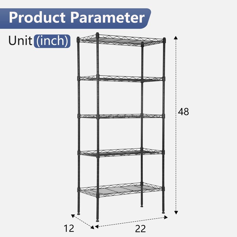 FDW 5 Tier 22L x 12W x 48H Pantry Shelves Adjustable Storage Rack Metal Shelf NSF Shelving Units for Kitchen Garage Small Places Commercial,Black