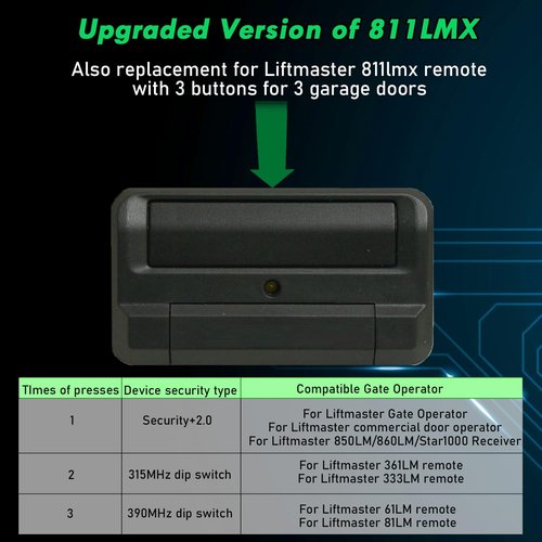 813LMX 811LMX for Liftmaster Garage Door Opener Remote Replacement, Garage Opener 813lm for liftmaster 850LM, 860LM, STAR1000, 12 Dip Switch Remote for Lift Master Commercial Door Operator
