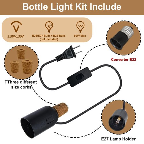 2 PCS Bottle Lamp Kit,DIY Wine Bottle Lamp for Liquor Bottle, Lamp Kits Do it Yourself, Lamp Fittings Kit for Table Lamp Includes 3 Sizes of Stoppers and 2 E27 to B22 Adapter Converter