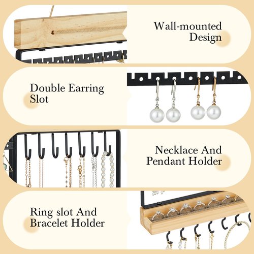 Feyejade Hanging Jewelry Organizer, 5-Tier Wall Earring Holder with Wooden Ring Groove, Jewelry Rack Wall Mounted for Earrings, Necklaces, Bracelets and Rings, Jewelry Holder Stand, Black