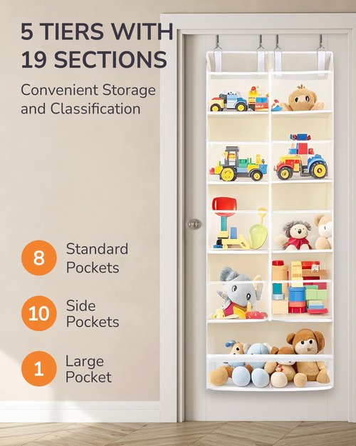 ULG Over the Door Organizer, 5-Tier Extra Large Hanging Storage with 10 Mesh Pockets, 100 lbs Capacity, Heavy Duty Door Organizer for Closet, Bedroom, Nursery Storage, Beige