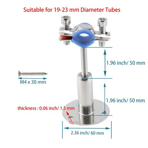 bociloy 304 Stainless Steel Wall Mount Ceiling Mount Pipe Supports, Adjustable Pipe clamp Fixed Support Pipe Strap Bracket for 1/2inch (19-23mm ) Diameter Tubes, Adjustable Height 50-100mm, 2PCS
