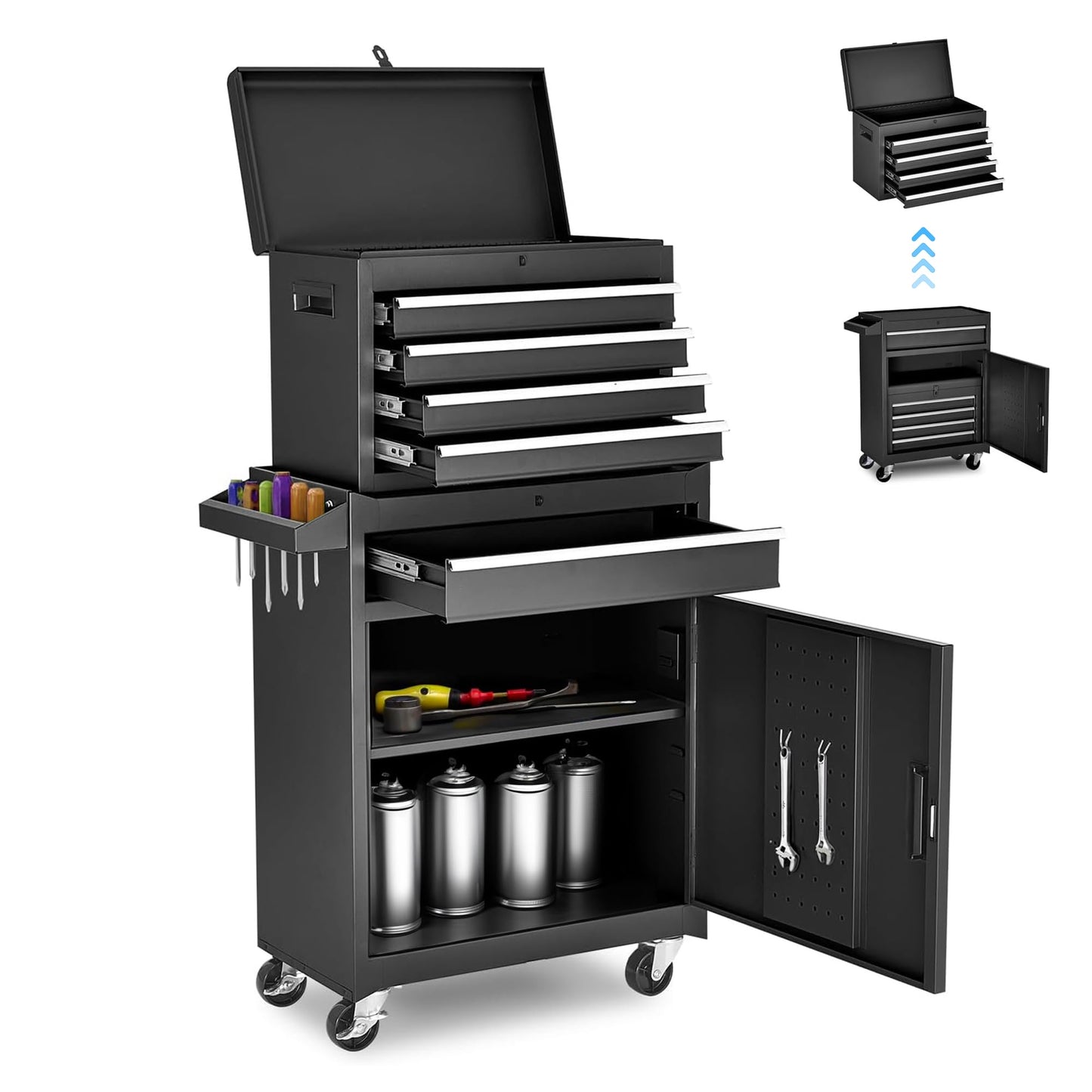 Osparple Rolling Tool Chest 5 Drawers Tool Box Garage Storage Cabinet Steel Frame 2 in 1 Tool Cart with Universal Lockable Wheels, Detachable Top and Adjustable Shelf for Garage, Black