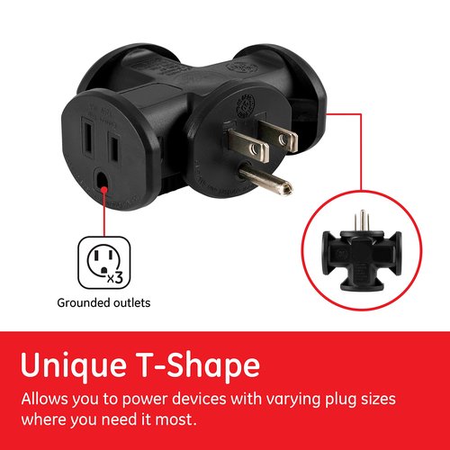 GE 3-Outlet Extender, T-Shaped Adapter Spaced, Outdoor Rated, Grounded Wall Tap, 3-Prong, Multiple Plug, Power Splitter, Cruise Essentials, Use for Home Office School Dorm Garage, Black, 50872