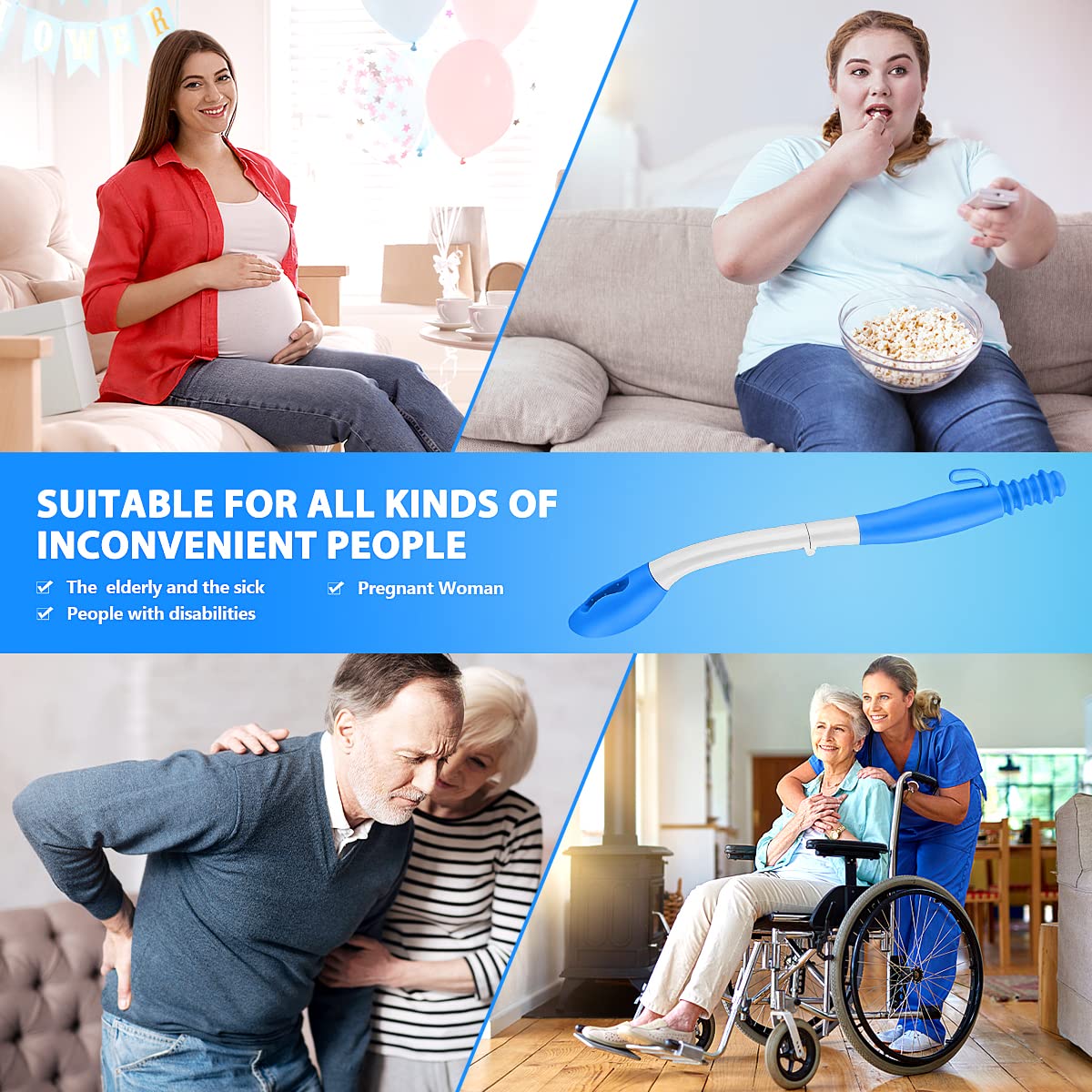Jhua Foldable Butt Wiper Tool for Women Men Toilet Aids for Wiping 15.7" Long Comfort Bottom Buddy Wiping Aid, Self Wipe Assist Toilet Aids Wand for Disabled, Elderly, Overweight, Pregnant People