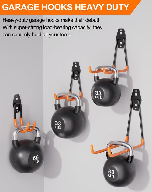 QcoQce 12 Pack Garage Hooks Heavy Duty, Utility Wall Mount Hooks for Hanging Bike, Ladder, Hose, with Extension Cord Straps and Anti-Slip Coating, Garage Organization, Includes Screws (Orange)