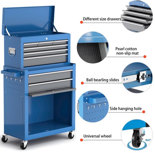 AIRAJ Tool Chest 8-Drawer,42'' Large Rolling Tool Chest with Wheels,Detachable Top Metal Tool Box,Garage Storage Cabinet for Repair Room,Warehouse,Rolling Tool Box with Hooks,Liners,Tray Divider