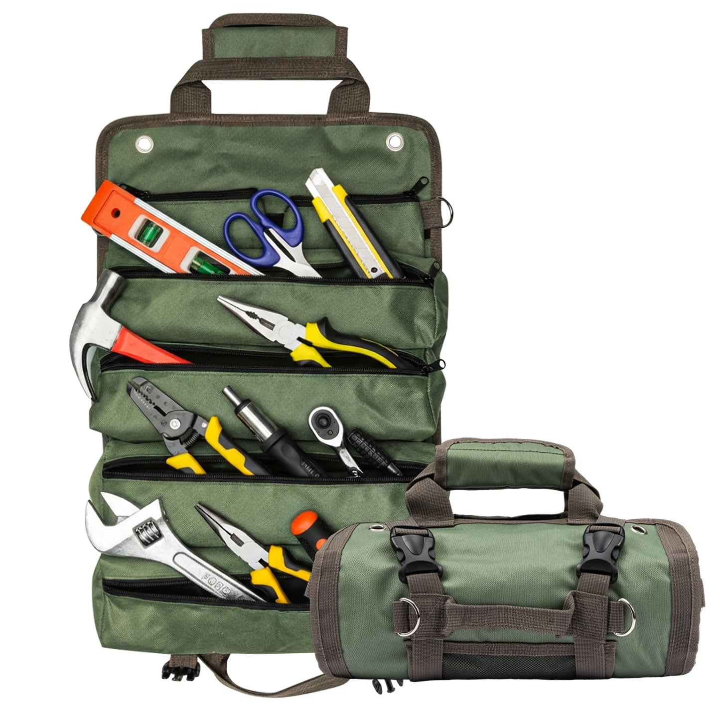 Portable Roll up Tool Bag, Heavy Duty Tool Organizer Bag with 5 Compartments & 2 Detachable Pouches for Tool Storage, Water Resistant Foldable Tool Roll Bag for Dad Men Electrician Mechanic Gift