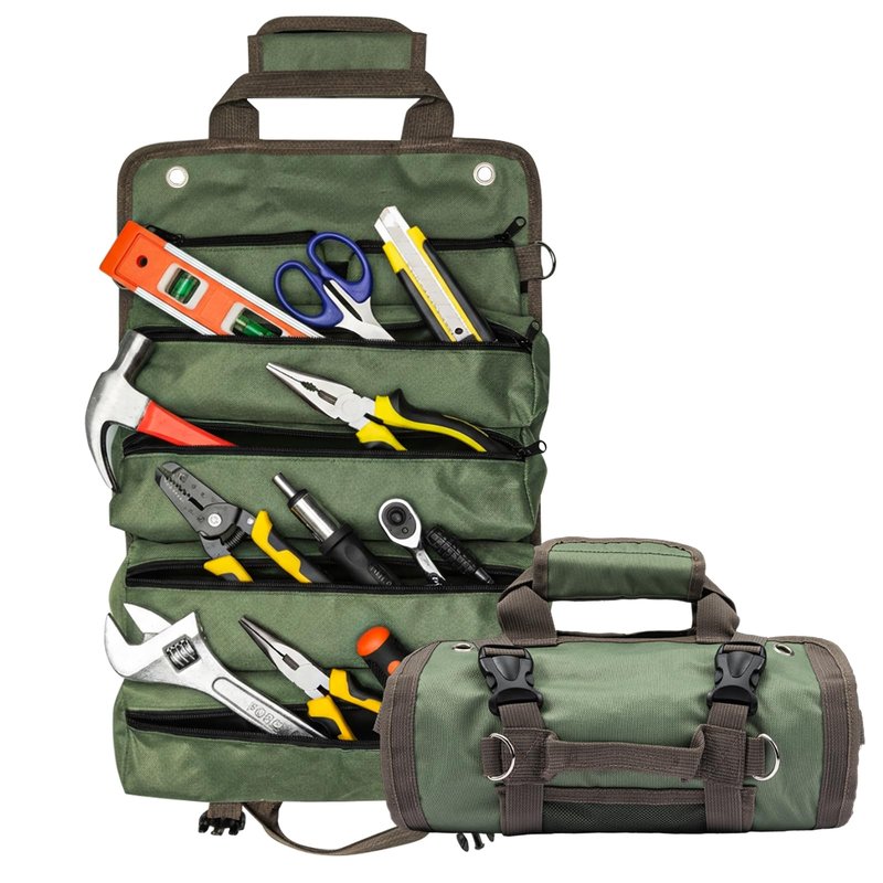 Portable Roll up Tool Bag, Heavy Duty Tool Organizer Bag with 5 Compartments & 2 Detachable Pouches for Tool Storage, Water Resistant Foldable Tool Roll Bag for Dad Men Electrician Mechanic Gift