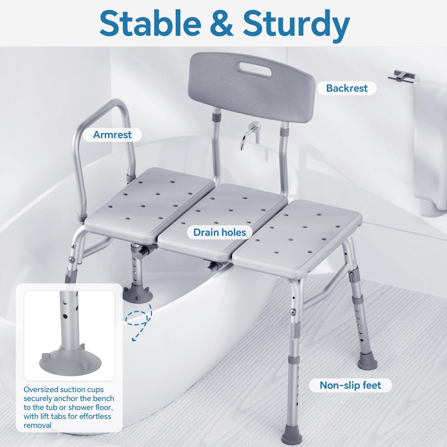 HOMLAND Tub Transfer Bench for Bathtub, 400 lbs Heavy Duty Shower Chair with Backrest, Slip-Resistant Feet, Height Adjustable Shower Bench Shower Seat for Elderly and Disabled